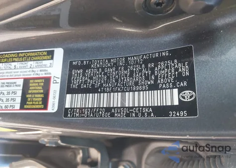 2012 Toyota Camry Se from USA, damaged, VIN 4T1BF1FK7CU189695